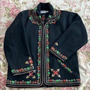 Pier 1 Passports -Vintage Black Wool Blend Jacket with Multicolor Embroidery